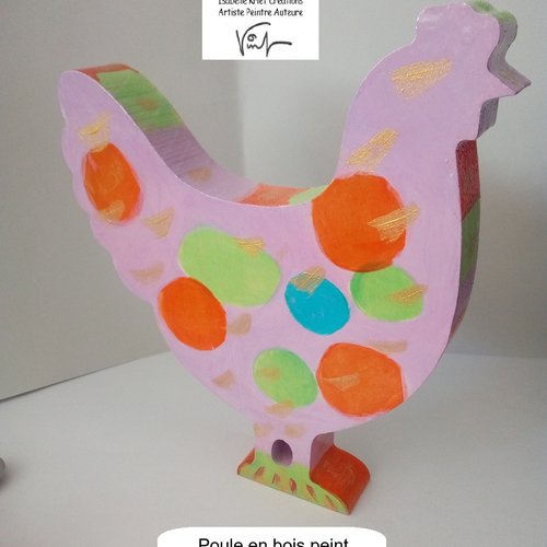 Poule en bois peint à la main, rose orange vert bleu or, objet de decoration à poser, cadeau fête anniversaire noel