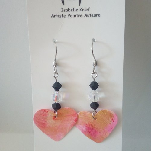 Boucles oreilles coeurs rose et or avec perles verre de bohème tchèque noir et diamant, bijou peint a la main