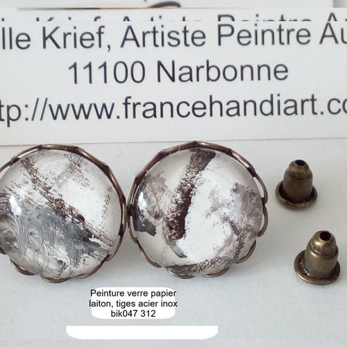 Clous oreilles, puces tiges acier inox avec cabochons en verre rond, peinture noir blanc,art abstrait contemporain