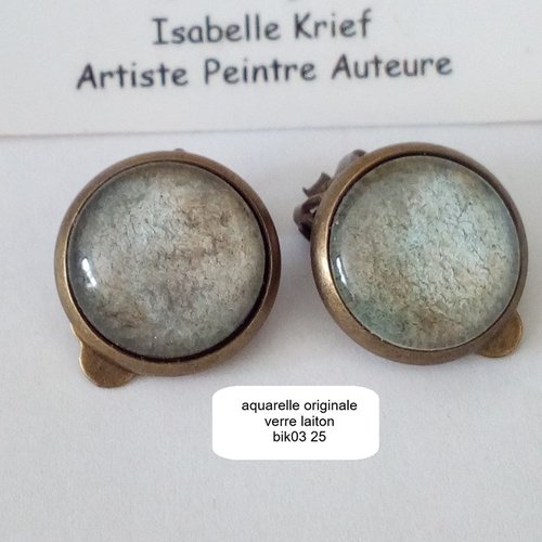 Aquarelle, clips d'oreilles laiton  bronze avec cabochons en verre, peinture originale vert beige,bijou boho bobo gothique,cadeau fête