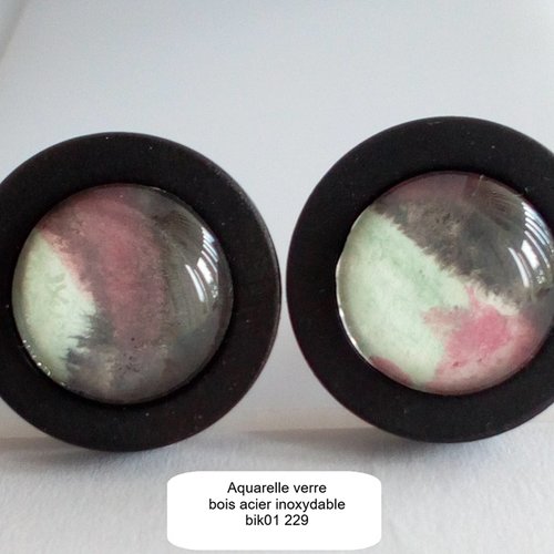Clous oreilles avec cabochons en verre ronds,aquarelle originale vert blanc rouge noir argent, bois, acier inoxydable,boho bobo gothique pu