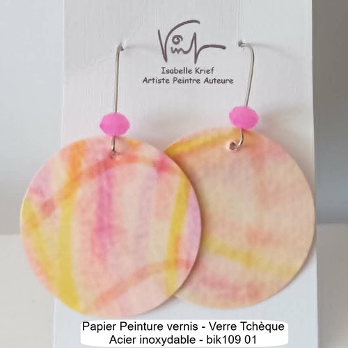 Boucles oreilles pop art funky disco,rose jaune orange,acier peinture papier et perles de verre tcheque,bijou de createur,fait mains en fran