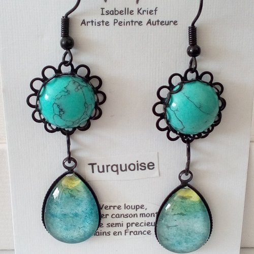 Boucles oreilles fleuries turquoise, pierre precieuse avec cabochons gouttes en verre, aquarelle originale bleu jaune noir,crochets laiton