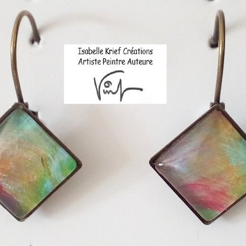 Boucles oreilles dormeuses laiton bronze avec cabochons carrés en verre, peinture acrylique rouge verre or