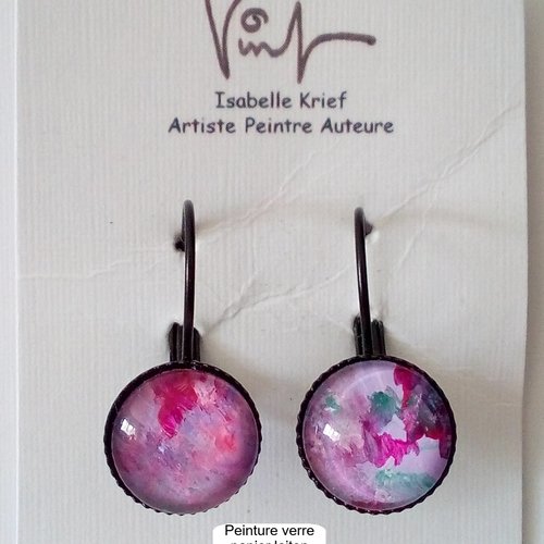 Art contemporain fleuri,boucles oreilles dormeuses laiton avec cabochons ronds en verre,peinture pièce unique,fait mains en france