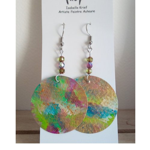 Boucles oreilles pendantes rondes avec perles de verre bohème tchèque,crochets acier inoxydable,bijou peint a la main