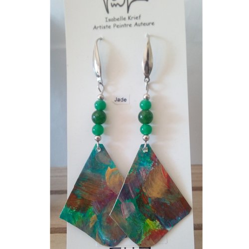 Boucles oreilles pierre de jade avec pendentifs peints a la main,vert violet marron or argent,crochet en acier inoxydable, bijou art unique