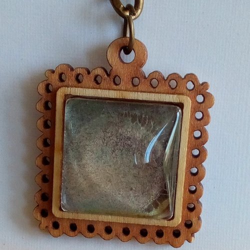 Porte cle aquarelle, bois avec cabochon en verre carré, marron, chaînette et fermoir en laiton bronze,accessoire cle bijou sac