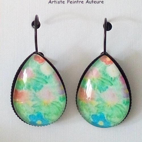 Boucles oreilles dormeuses avec cabochons en verre goutte,aquarelle fleurie rouge rose bleu vert