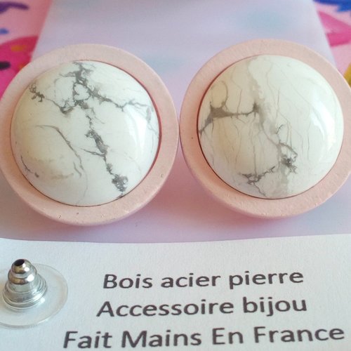 Howlite, clous puces oreilles acier,support bois pour cabochons ronds,pierre naturelle ,bijou boho bobo punk gothique