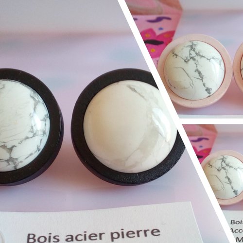 Howlite, clous puces oreilles acier,support bois pour cabochons ronds,pierre precieuse ,bijou boho bobo punk gothique