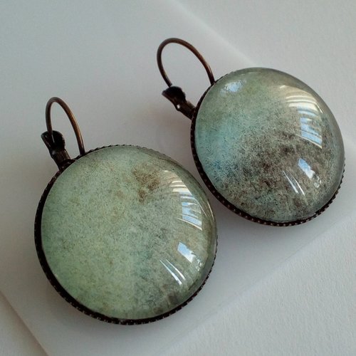 Dormeuses aquarelle originale,bleu gris vert marron avec gros cabochons ronds en verre