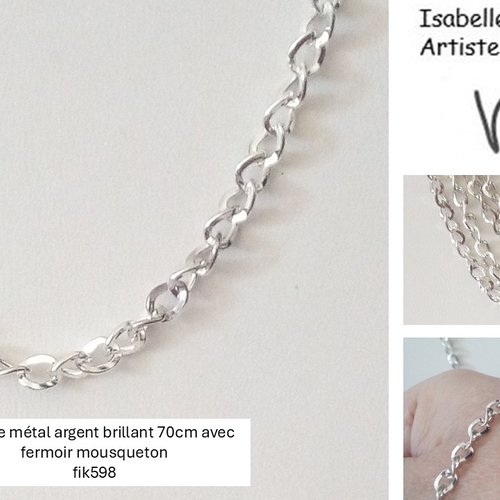 Collier chaîne 70cm,argente brillant avec fermoir mousqueton,punk gothique boheme rock,cadeau fete anniversaire noel,bijou homme femme