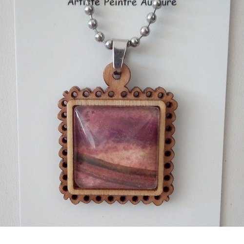 Collier pendentif en bois avec cabochon en verre carre et son aquarelle originale, rouge rose marron, chaine boule acier inoxydable