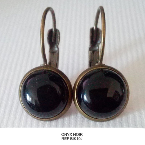Dormeuses onyx noir, pierre semi precieuse,cabochons ronds,boucles oreilles laiton bronze,cadeau fete anniversaire noel,fait mains en france