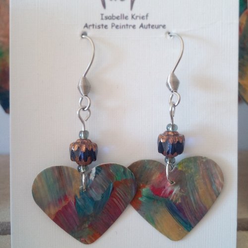 Boucles oreilles pendantes,pendentifs coeurs peints et perles de verre tchèque bleues,cadeau fete anniversaire,fait mains en france