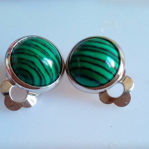 Clips malachite,boucles oreilles acier inoxydable avec cabochons ronds pierre verte,cadeau fete anniversaire noel