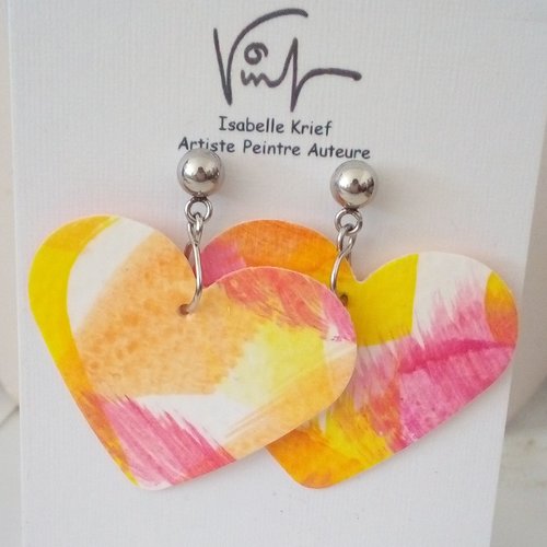 Boucles d oreilles coeurs, clous acier inoxydable, pendentifs peinture sur papier, rose orange jaune argent,bijou de createur