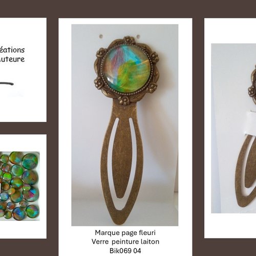 Peinture originale, marque page fleuri avec cabochon en verre rond, bleu vert or,cadeau fête anniversaire noel