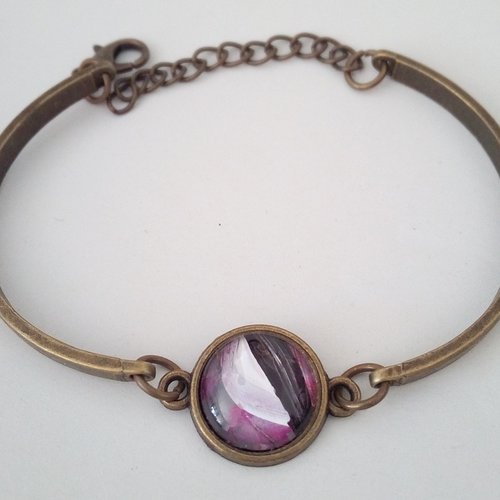 Bracelet jonc ajustable, laiton bronze avec cabochon en verre rond, peinture acrylique,art contemporain abstrait