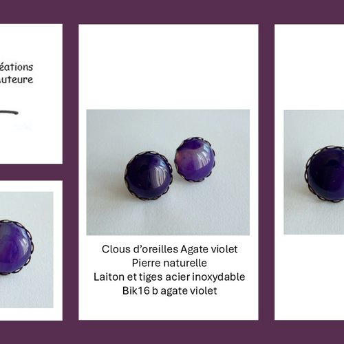 Clou d oreilles agate violet, pierre naturelle, supports cabochons ronds 16mm en laiton bronze avec tiges en acier inoxydable, fait mains