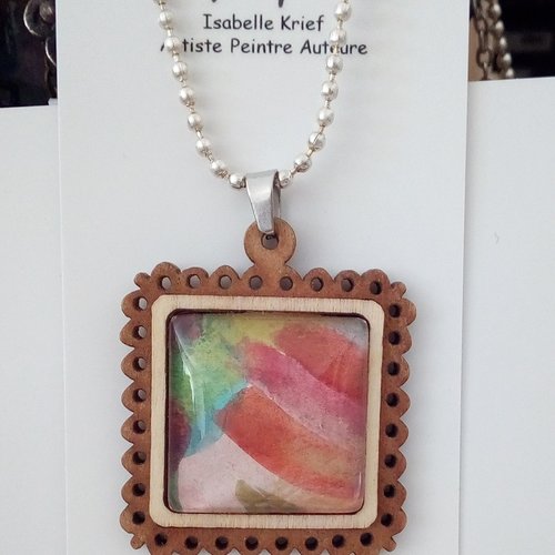 Bijou aquarelle originale,collier chaine boule argenté avec pendentif en bois carré et cabochon en verre, peinture rouge orange rose