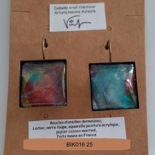 Boucles oreilles dormeuses avec cabochons en verre carré,aquarelle originale, fond marin, bleu rouge jaune vert