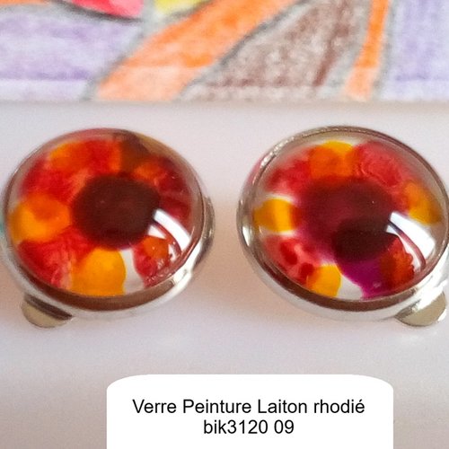 Clips oreilles argente rhodie avec cabochons ronds en verre peint,collection le pouvoir des fleurs,jaune orange rouge,cadeau fete