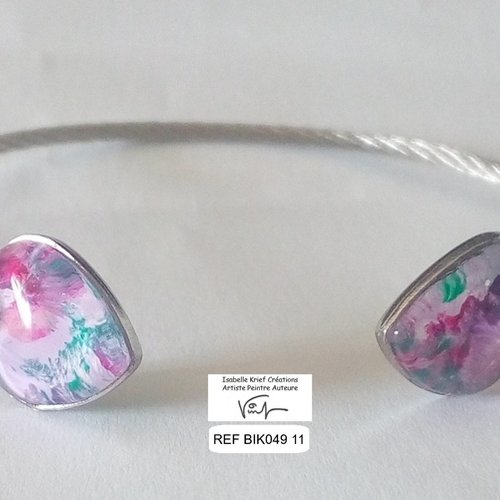 Bracelet jonc acier inoxydable avec 2 cabochons coeurs en verre,peinture à la main,rose violet vert, boho bobo gothique romantique