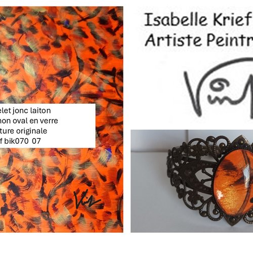 Bracelet jonc laiton,filligrane cabochon oval en verre peinture originale orange noir or,bijou peint a la main,cadeau fete anniversaire noel