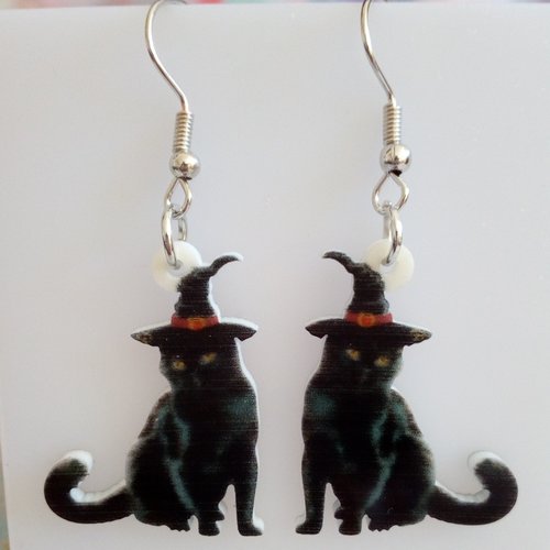 Paire boucles oreilles chat sorcier noir avec chapeau,crochets acier inoxydable, pendentifs laser cut,,cadeau fete anniversaire noel