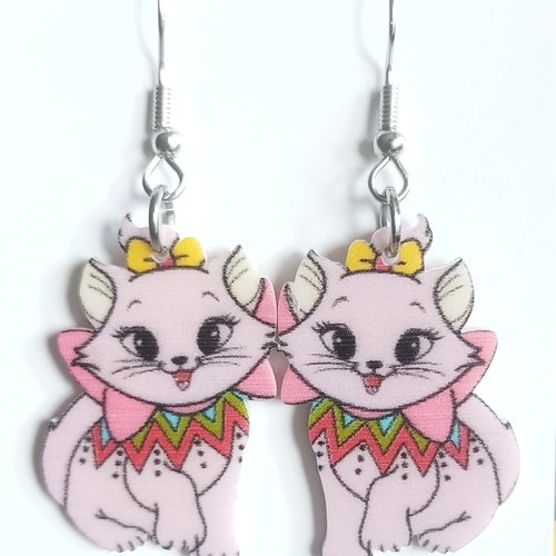 Boucles oreilles chat rose, princesse aristochat, mignon kawaii, boho bobo gothique edouardien,steampunk,crochets acier inoxydable