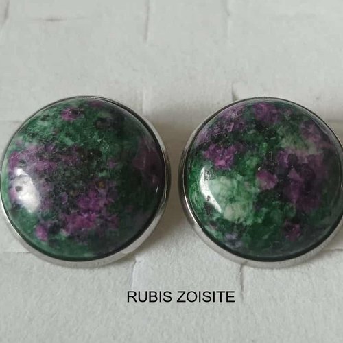 Clips oreilles non percées rubis zoisite, pierre naturelle,cabochon rond,acier inoxydable,fait mains en france,cadeau fete anniversaire