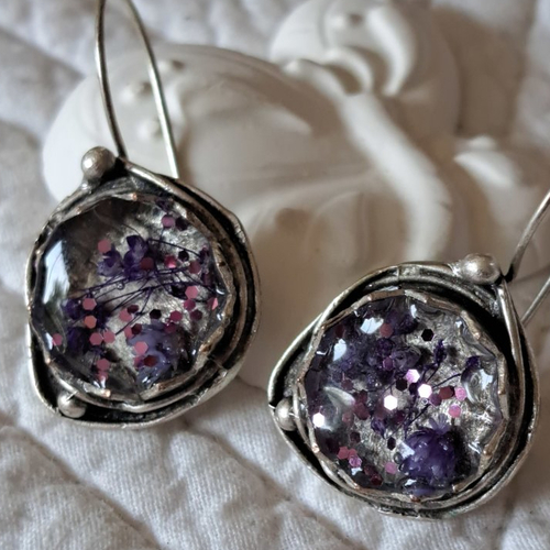 Boucles d'oreilles dormeuses coeur métal inoxydable polymere rose marron feuille cuivre