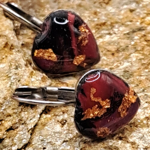 Boucles d'oreilles artisanales dormeuses coeur métal inoxydable polymere rose marron feuille cuivre