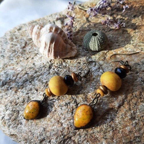 Boucles  céramique artisanale orangée perles verre filé chalumeau et cuivre