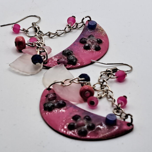 Boucles d'oreilles cuivre émaillé fuchsia parme