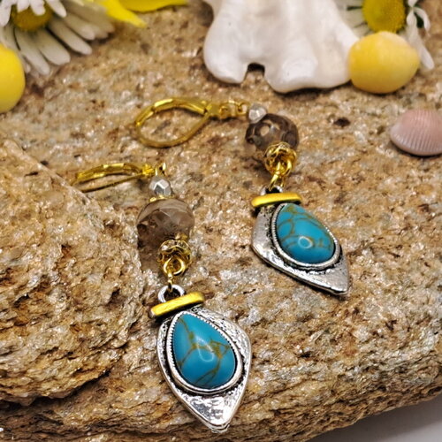 Boucles d'oreilles fantaisie turquoise et métal argenté et doré perle verre à facettes  petites perles dorées