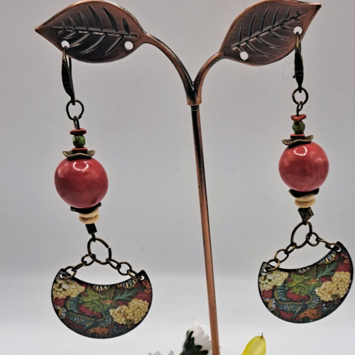 Boucles d'oreilles cuivre fleuri grosse perle céramique rouge