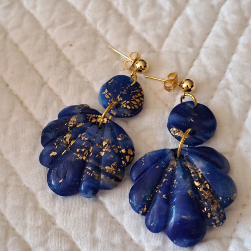 Boucles d'oreilles argile polymère imitation lapis lazzuli feuille d'or coquille