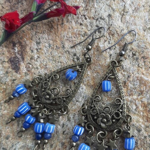 Boucles d'oreilles chandelier arabisant perles verre bleu ciel