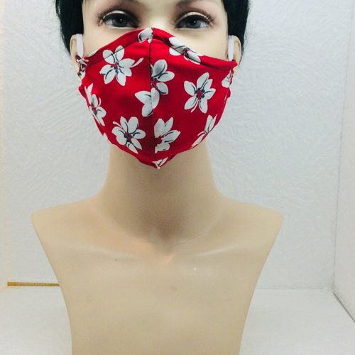 Masque femme  tissu rouge fleur blanche