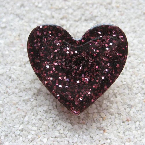 Grande bague ajustable unisexe forme coeur paillettes prunes en résine taille 30mmx30mm, pour femme