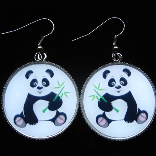 Boucles d'oreilles unisexes fantaisie panda serties en résine diamètre 30mm