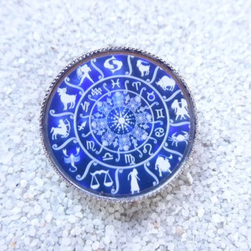 Bague vintage, signes du zodiaque sur fond bleu, sertie en résine / diamètre 30mm