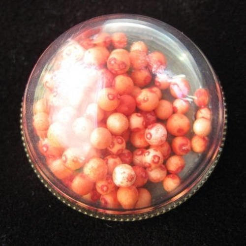 Bague dome ajustable, petites boules oranges mobiles, dans une demi-sphère plexi, diamètre 30mm