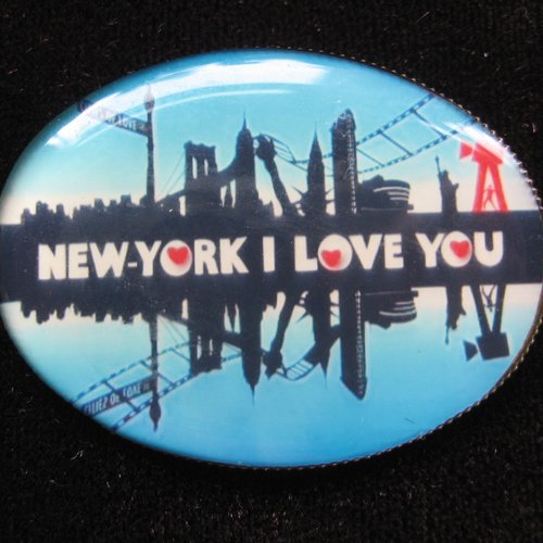 Promotion broche ovale unisexe new york i love you sertie en résine taille 30mmx40mm