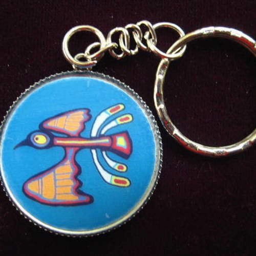 Porte-clés vintage, oiseau amérindien, serti en résine / diamètre 30mm
