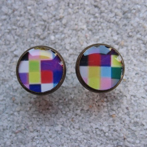 Boutons de manchette, motif pixels multicolores, sertis en résine / diamètre 12mm