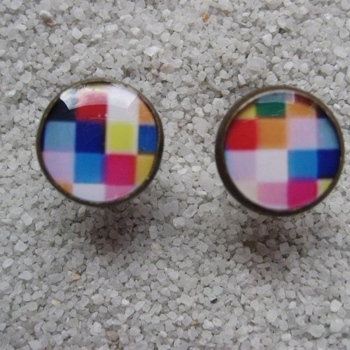 Boutons de manchette, pixels multicolores, sertis en résine / diamètre 12mm